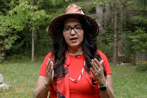 Indian American. Indian American woman in green space, wearing a wide hat and red shirt with long dark hairl.