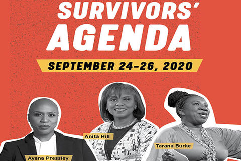Survivors-Agenda poster. Photos of Black women, Ayanna Pressley, Anita HIll and Tarana Burke.