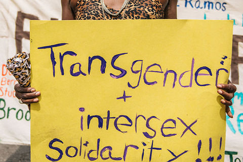 Trans Solidarity poster. Black lettering on a yellow poster paper reads: "Transgender + Intersex Solidarity!!!"
