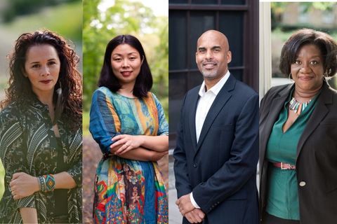 Larissa FastHorse, Nanfu Wang, Damien Fair, Tressie McMillan Cottom: Native woman with curly hair, red lip; Chinese American woman, with long bob, in colorful dress; African American man with bald head, blue suit jacket and white shirt; Black woman with short bob, brown face, turquoise dress and black blazer
