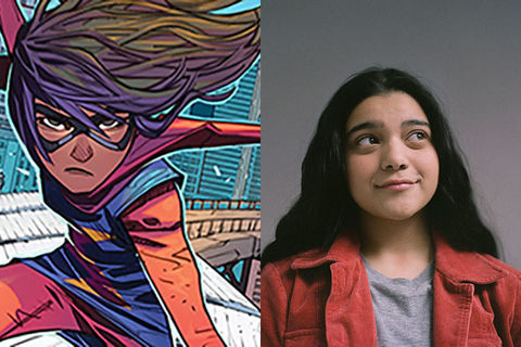 Ms. Marvel. Colorful illustration of superhero next to photo of Iman Vellani, a young brown woman with long dark hair wearing a red jacket.