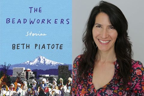 On left: "The Beadworkers" cover, with a bright blue sky and mountains, next to a photo of the author: Beth Piatote, a Native woman with long, layered hair, and a red and pink flowered v-neck dress
