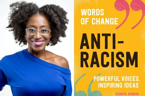 On left is author Kenrya Rankin, a dark-skinned woman, with a twist our and cobalt blue top that is off the shoulder, with a pink lip an glasses. On the right is the cover of her book, "Anti Racism"