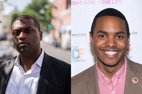 Mondaire Jones and Ritchie Torres. Two Black men with short dark hair: One wearing a white shirt and black jacket; the other wearing a pink shirt and tan jacket.