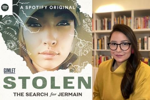 Show Art for the podcast "Stolen: The Search for Jermain" next to an image of investigative reporter and podcast host, Connie Walker