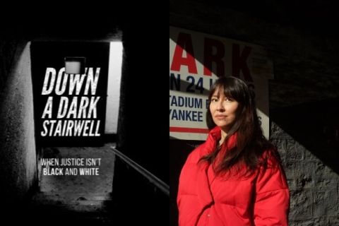 On the left, key art imagery of the documentary "Down a Dark Stairwell". On the right is an image of filmmaker, Ursula Liang in a red coat 