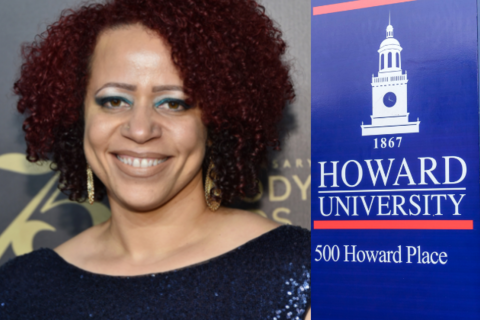 A headshot image of Nikole Hannah Jones on the left and a photo of Howard University's campus sign on the right
