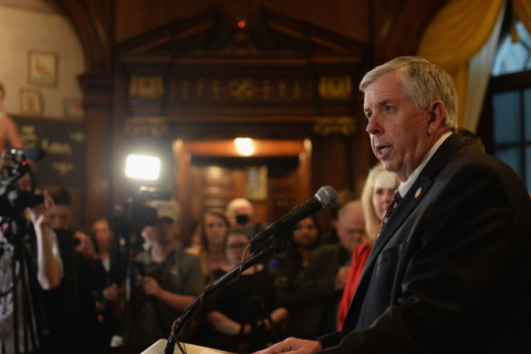 MAY 17: Missouri Govern Mike Parson addresses the media on the last day of legislative session